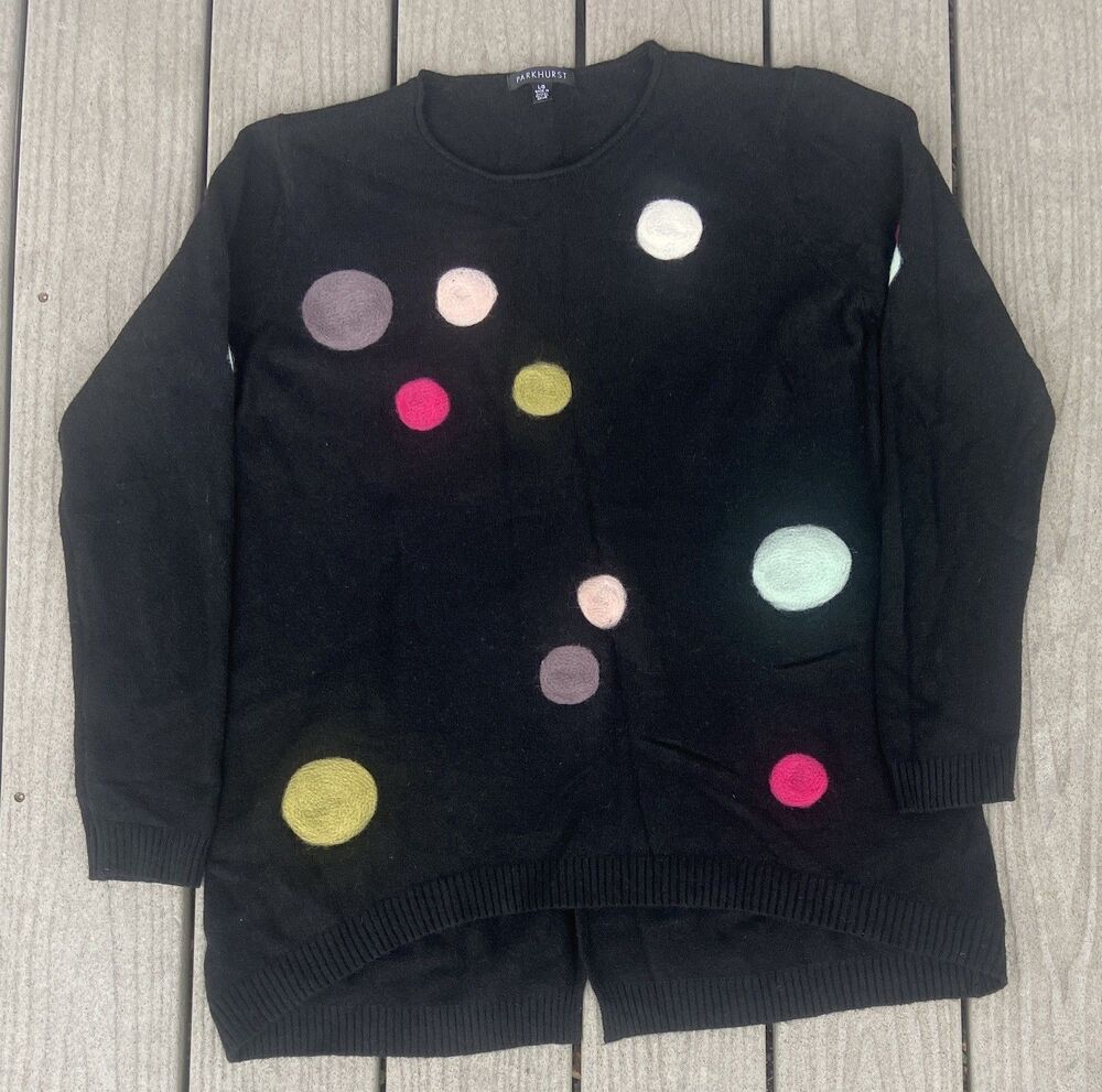 Parkhurst Darla Hi Lo Polka Dot Pullover Sweater Top Sz L Slouchy Black Knit